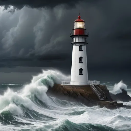 Prompt: defiant lighthouse in rainstorm provides rest for the weary, stormy seas,  immaculate and sturdy architecture, 4k, highres, realistic photo, detailed waves, 