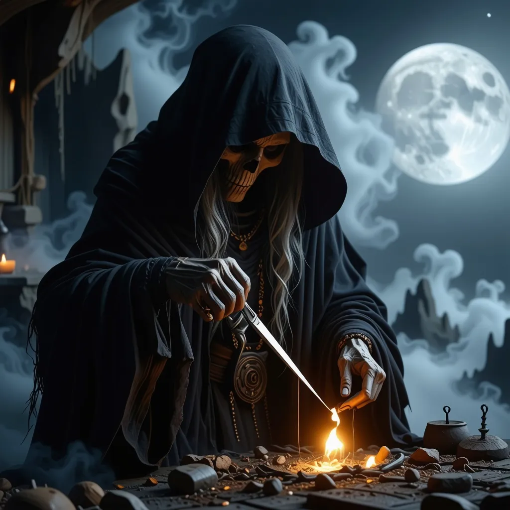 Prompt: Eldest of the 3 fates, grim reaper as an oelderly witch woman, cutting a string with scissors.