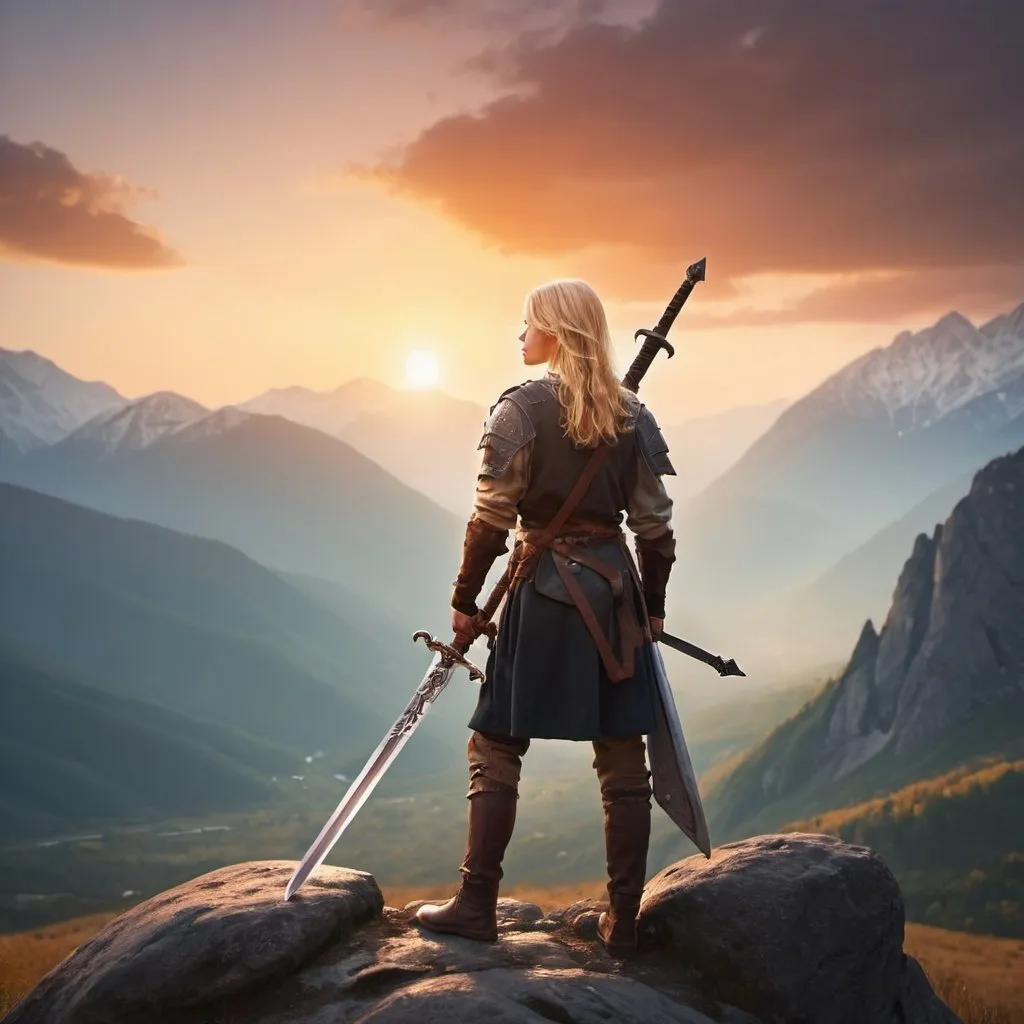 Prompt: blonde young adventurer with a sword looking out over the mountains into the sunset