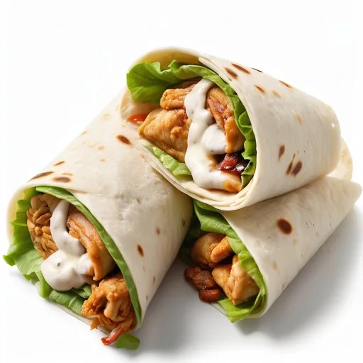 Prompt: On a white background, there are two flour tortilla wraps, rolled and positioned at an angle, facing each other with a slight tilt. Each wrap is filled with juicy, fried chicken pieces, cut into thick, visible chunks. It also contains fresh green lettuce leaves, with a touch of creamy sauce visible along the edges of the tortilla and within the ingredients. The tortilla has a soft appearance with light toasting, featuring small brown cooking spots evenly distributed. The image shows a detailed focus, highlighting the texture of the chicken, the freshness of the lettuce, and the softness of the tortilla