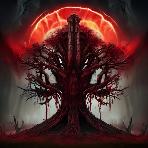 Prompt: Tree made of skull in valhalla battlefield with blood rain, horror, cosmic, gothic, style of vibrant digital art