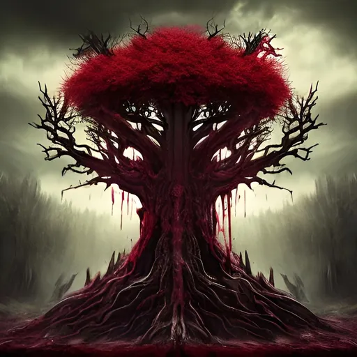 Prompt: Tree made of skull in valhalla battlefield with blood rain, horror, cosmic, gothic, style of vibrant digital art