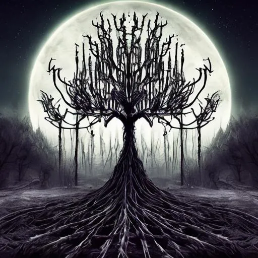 Prompt: Tree made of skeletons on the battlefield , horror, cosmic, gothic, style of vibrant digital horror art