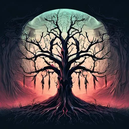 Prompt: Tree with branches in shape of skull on the battlefield , horror, cosmic, gothic, style of vibrant digital art