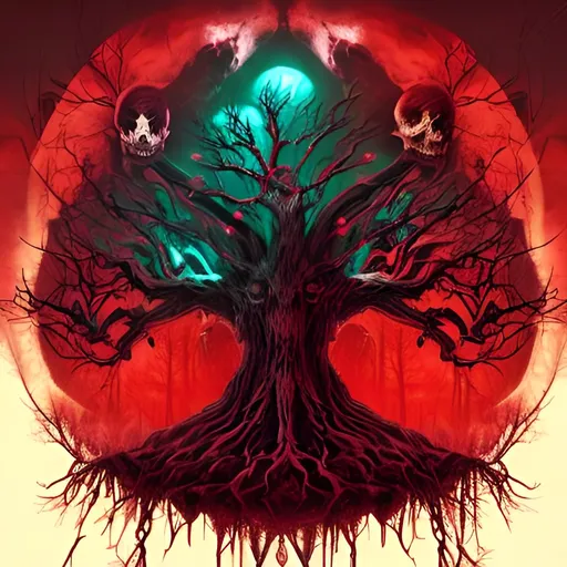 Prompt: Tree with branches in shape of skull in valhalla battlefield with blood rain, horror, cosmic, gothic, style of vibrant digital art