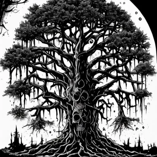 Prompt: Tree of skulls on the battlefield , horror, cosmic, gothic, style on horror art