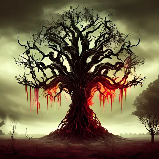 Prompt: Tree with branches in shape of skull in valhalla battlefield with blood rain, horror, cosmic, gothic, style of vibrant digital art