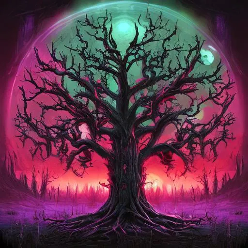 Prompt: Tree of skulls on the battlefield , horror, cosmic, gothic, style of vibrant digital horror art