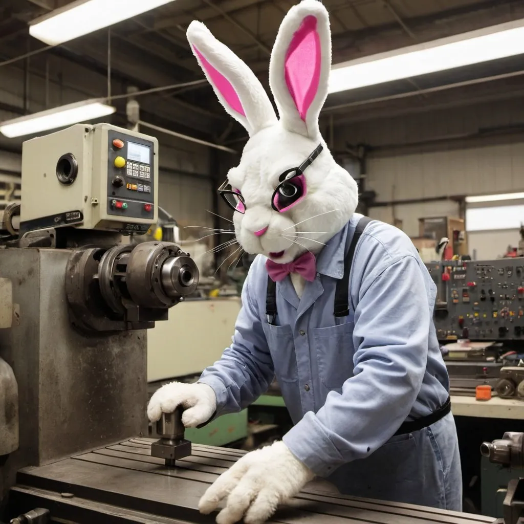 Prompt: An Easter bunny, machinist in a machine shop on CNC-milling machine