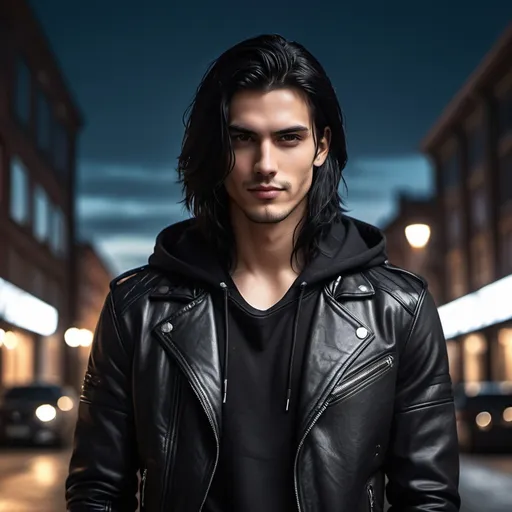 Prompt: Digital art of a tall male, straight long black hair, scarred oval face, black ripped jeans, belt, black leather jacket with hoodie, smirking, pointing into camera, 4k, ultra-detailed, digital art, urban, contemporary, cool tones, dramatic lighting, night scene, leather jacket with hoodie, stylish, confident smirk