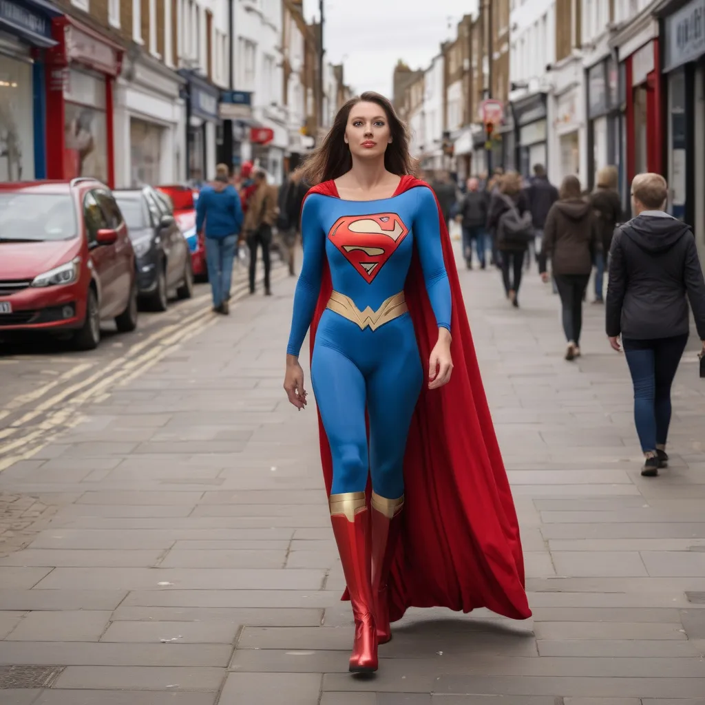 Prompt: Tall woman walking down the high street with a superwoman costume ,realistic, natural lighting