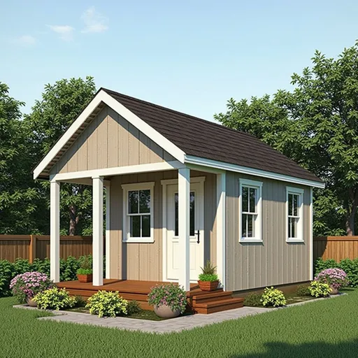 Prompt: Je veux un aménagement pour un mini chalet de 215 pieds carrés avec toit gambrel je ne veux pas de toilette ni salle de bain je veux plus un air pour s’assoiraient le jour et dormir la nuit, svp utilise le toit gambrel