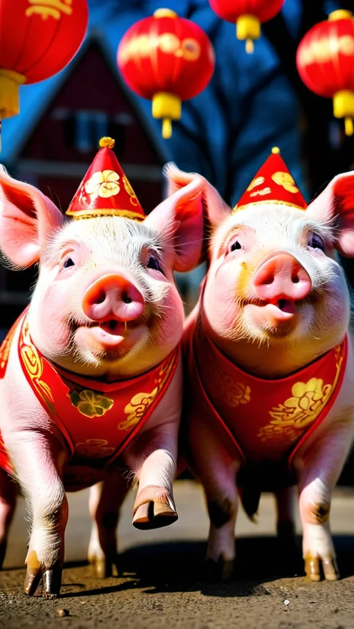 Prompt: Happy pigs celebrating the Year of the Pig in america.