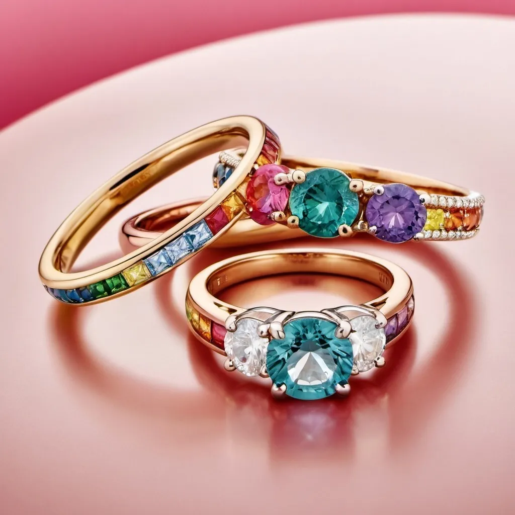 Prompt: Crea una colección de anillos en oro de 18k , con zafiros de colores rainbow , basándote en las colecciones de joyerías como tiffany, con piedras de talla redonda y en oro rosado y adentro del anillo que estén grabados “el brillante joyas”
