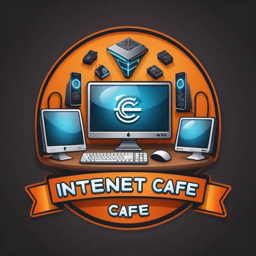 Prompt: Create an internet cafe emblem which has computers on it and cool gadgets. 