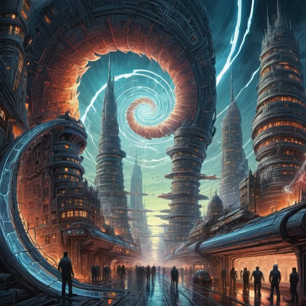 Prompt: a painting of a futuristic city surrounded by a giant spiral, greg beeple, empyrean city, futuristic painting, dan mumford and alex grey style, dmt city, painting by dan mumford, fractal thunder dan mumford, science fantasy painting, ( ( ( ( ( dan mumford ) ) ) ) ), in fantasy sci - fi city