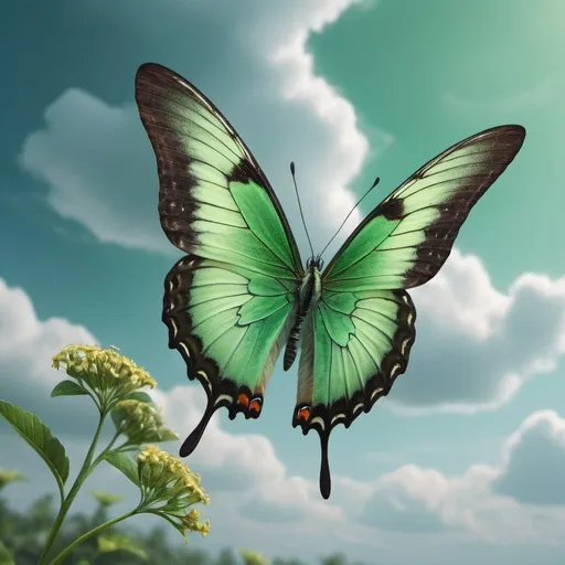 Prompt: green butterfly flying in the sky, beautiful, sharp focus, 4k, very detailed, trending on artstation, high quality, award winning photo pinterest, highly detailed, art by k