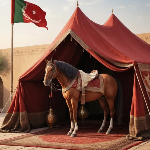 Prompt: Imam Hussain's tent and horse by the flag, historical, realistic, detailed fabric textures, solemn atmosphere, traditional art style, warm earthy tones, soft natural lighting, high quality, detailed, historical, solemn, traditional, warm tones, detailed fabric, horse, tent, flag, historical setting, realistic, traditional art, atmospheric lighting