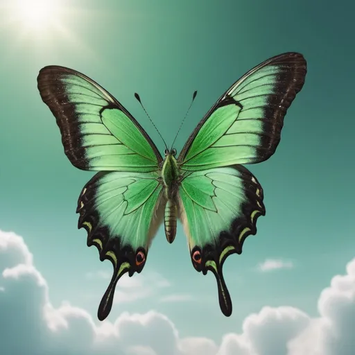 Prompt: green butterfly flying in the sky, beautiful, sharp focus, 4k, very detailed, trending on artstation, high quality, award winning photo pinterest, highly detailed, art by k