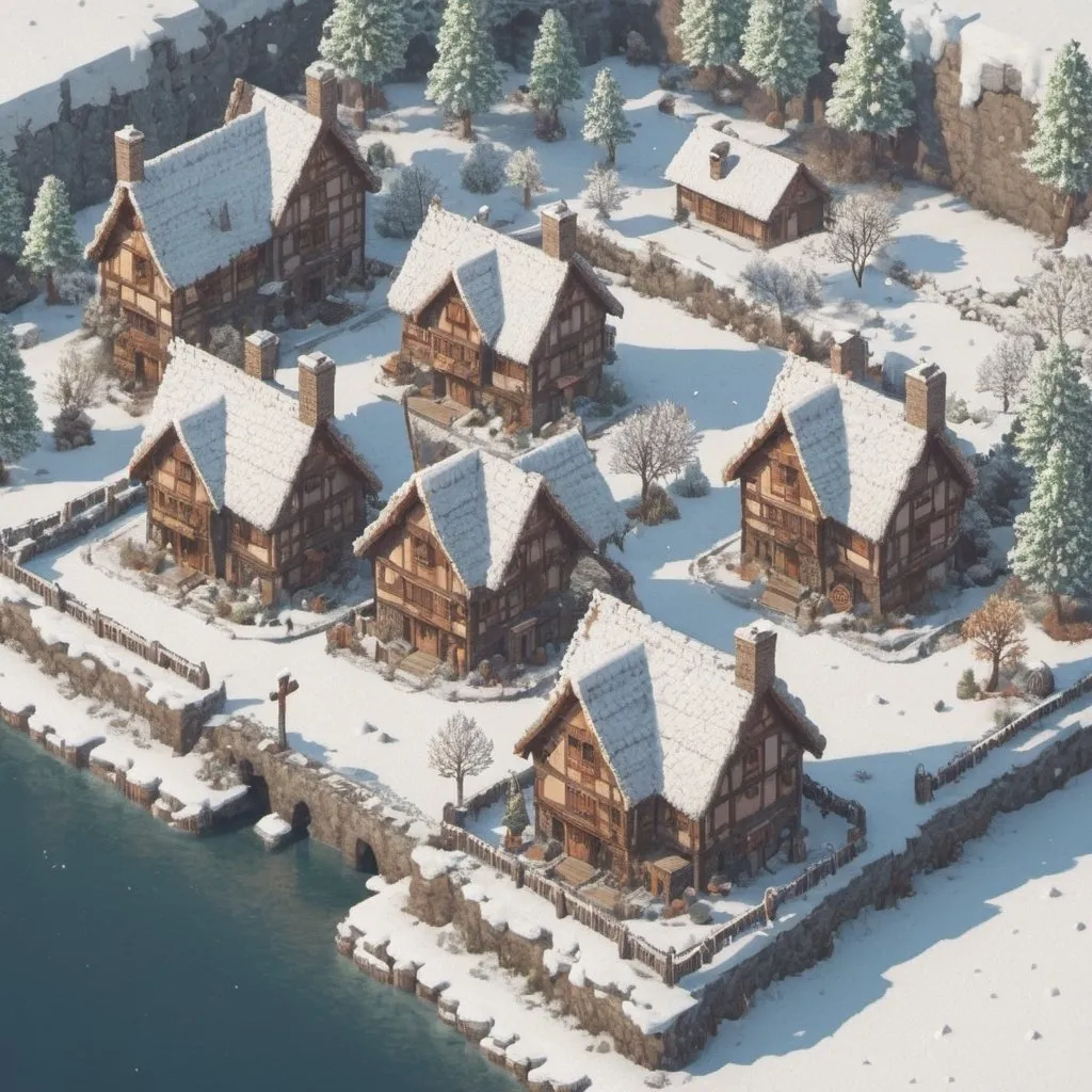 Prompt: Pixel art style
A snowy medieval village
4 cottages 
Isometric view