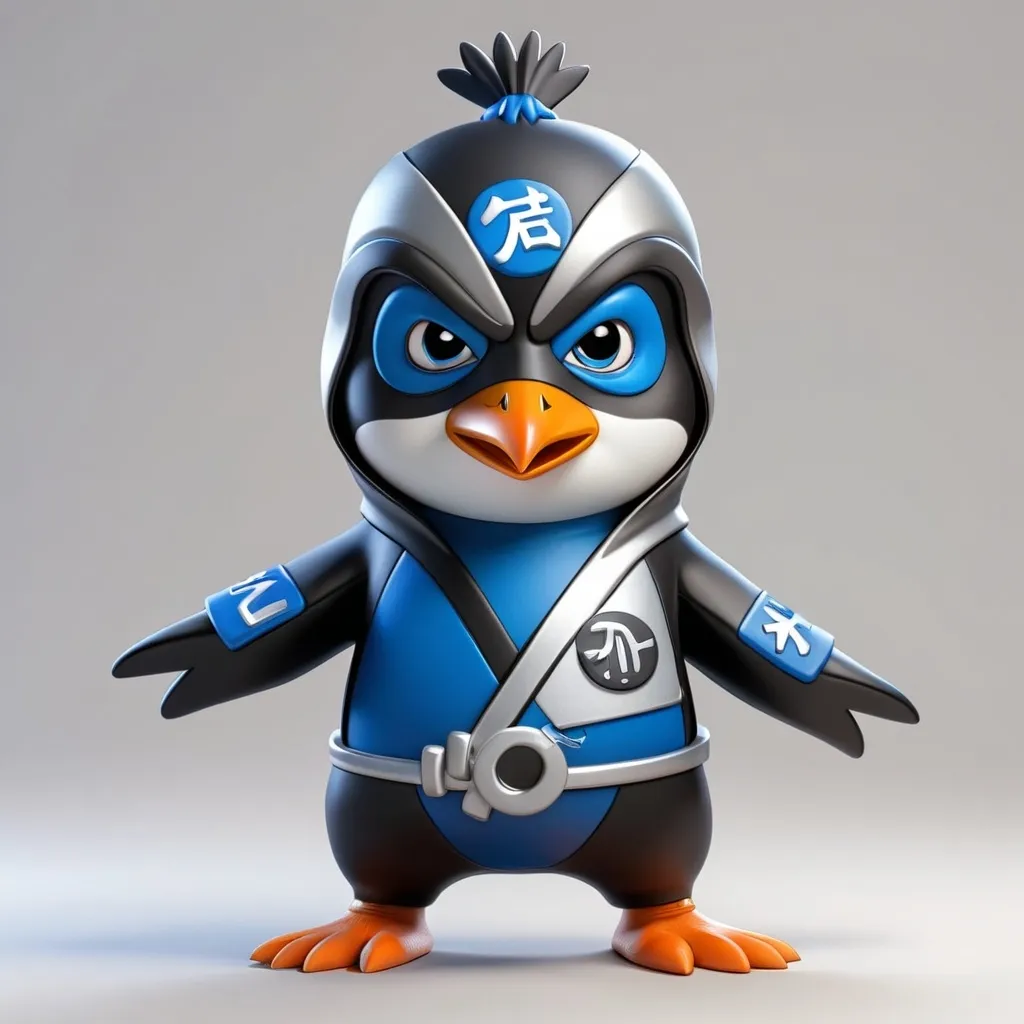 Prompt: 3d ninja Linux penguin with a mask wearing a blue, black, and silver ninja suit and company letters as an icon