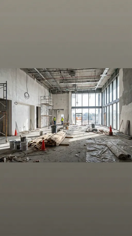 Prompt: A wide-angle cinematic view of a high-end luxury showroom under construction. Large open rectangular space with raw concrete flooring, unfinished white and gray walls, exposed ceiling infrastructure, visible wiring and ducts. Construction dust on the floor, scattered debris, buckets, and plastic sheets. Tall floor-to-ceiling windows allowing natural daylight to spill across the rough concrete surface. No furniture. Industrial, realistic construction site atmosphere. Ultra-photorealistic, sharp focus, static camera, same layout for future stages.