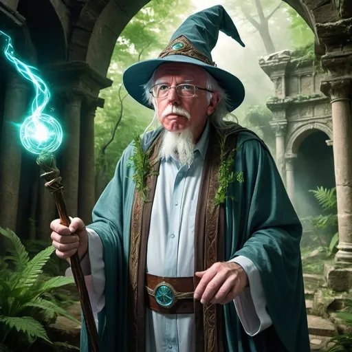 Prompt: Fantasy wizard Bernie Sanders, flowing robes and pointed hat, wielding a staff with magical energy, wise and kind eyes, intricate beard and mustache, mystical aura, mythical setting with ancient ruins and lush greenery, high quality, fantasy, wizard, mystical, detailed robes, magical staff, kind eyes, ancient ruins, lush greenery, professional, atmospheric lighting