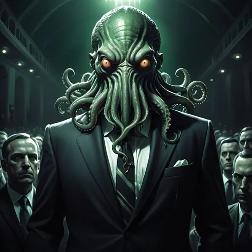 Prompt: Cthulhu in a business suit at a campaign rally, dark and eerie art style, tentacled face with menacing eyes, sharp suit details, ominous lighting, surreal and otherworldly atmosphere, high quality, detailed tentacles, Lovecraftian horror, dark tones, eerie glow, campaign rally setting, cosmic entity, menacing presence