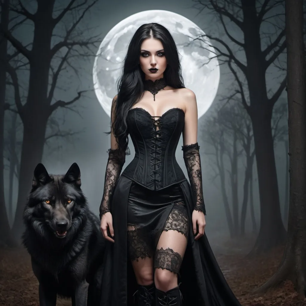 Prompt: A captivating gothic portrait of a captivating caucasian beauty wearing elegant black gown with intricate laces and a revealing corset, and thigh-high leather boots. The straight long black-haired woman has an enigmatic expression and her romantic brown eyes cast front. In the background, a wolf, big romantic full moon, forest landscape looms with goth castles. The overall atmosphere is a mix of dark fantasy, with a high level of detail and a touch of surrealism., painting, dark fantasy, 3d render