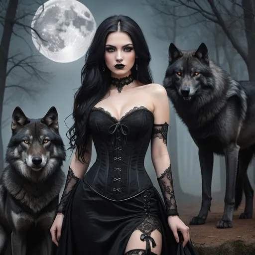 Prompt: A captivating gothic portrait of a captivating caucasian beauty wearing elegant black gown with intricate laces and a revealing corset, and thigh-high leather boots. The straight long black-haired woman has an enigmatic expression and her romantic brown eyes cast front. In the background, a wolf, big romantic full moon, forest landscape looms with goth castles. The overall atmosphere is a mix of dark fantasy, with a high level of detail and a touch of surrealism., painting, dark fantasy, 3d render