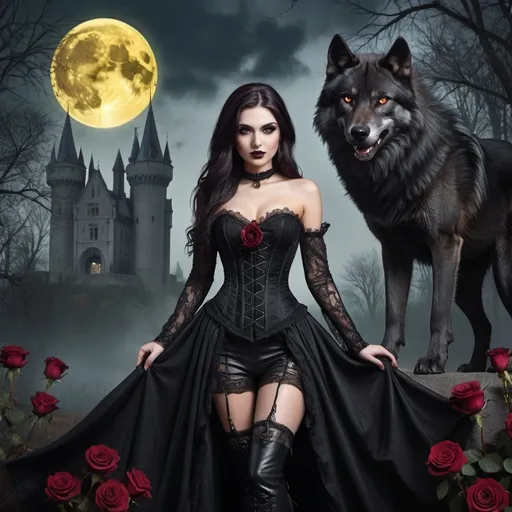 Prompt: A captivating gothic portrait of a captivating caucasian beauty wearing elegant black gown with intricate laces and a revealing corset adorned with bordeaux roses, and thigh-high leather boots. The straight long black-haired woman has an enigmatic but smiley expression, her romantic brown eyes cast front. In the background, a wolf, big yellow romantic full moon, forest landscape looms with goth castles. The overall atmosphere is a mix of dark fantasy, with a high level of detail and a touch of surrealism., painting, dark fantasy, 3d render