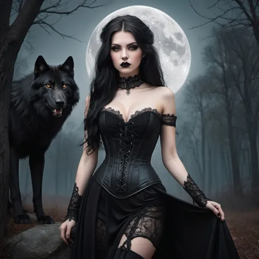 Prompt: A captivating gothic portrait of a captivating caucasian beauty wearing elegant black gown with intricate laces and a revealing corset, and thigh-high leather boots. The straight long black-haired woman has an enigmatic expression and her romantic brown eyes cast front. In the background, a wolf, big romantic full moon, forest landscape looms with goth castles. The overall atmosphere is a mix of dark fantasy, with a high level of detail and a touch of surrealism., painting, dark fantasy, 3d render