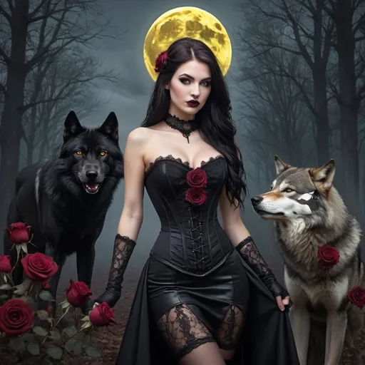 Prompt: A captivating gothic portrait of a captivating caucasian beauty wearing elegant black gown with intricate laces and a revealing corset adorned with bordeaux roses, and thigh-high leather boots. The straight long black-haired woman has an enigmatic but smiley expression, her romantic brown eyes cast front. In the background, a wolf, big yellow romantic full moon, forest landscape looms with goth castles. The overall atmosphere is a mix of dark fantasy, with a high level of detail and a touch of surrealism., painting, dark fantasy, 3d render