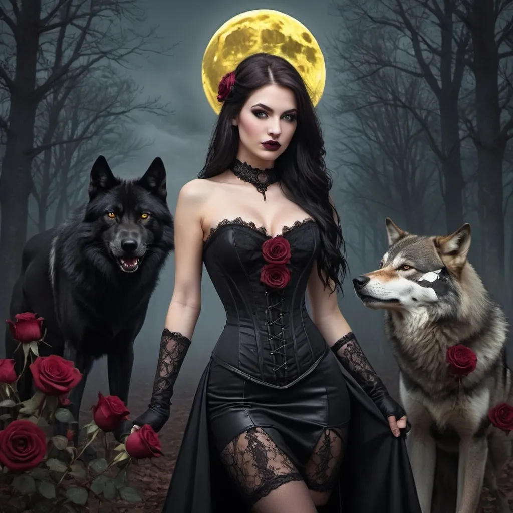 Prompt: A captivating gothic portrait of a captivating caucasian beauty wearing elegant black gown with intricate laces and a revealing corset adorned with bordeaux roses, and thigh-high leather boots. The straight long black-haired woman has an enigmatic but smiley expression, her romantic brown eyes cast front. In the background, a wolf, big yellow romantic full moon, forest landscape looms with goth castles. The overall atmosphere is a mix of dark fantasy, with a high level of detail and a touch of surrealism., painting, dark fantasy, 3d render