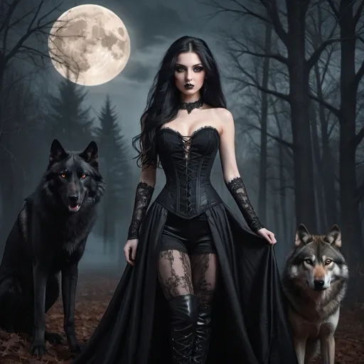 Prompt: A captivating gothic portrait of a captivating caucasian beauty wearing elegant black gown with intricate laces and a revealing corset, and thigh-high leather boots. The straight long black-haired woman has an enigmatic expression and her romantic brown eyes cast front. In the background, a wolf, big romantic full moon, forest landscape looms with goth castles. The overall atmosphere is a mix of dark fantasy, with a high level of detail and a touch of surrealism., painting, dark fantasy, 3d render