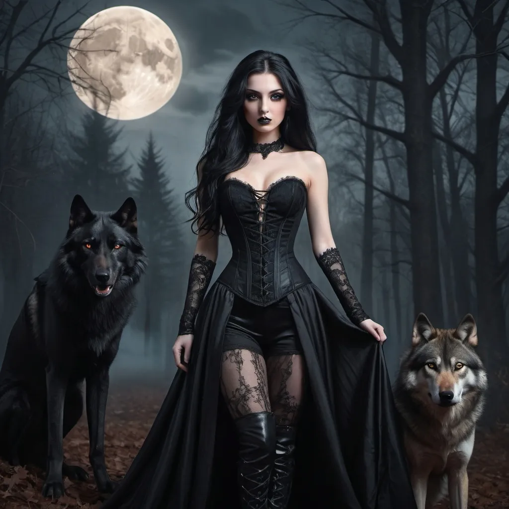 Prompt: A captivating gothic portrait of a captivating caucasian beauty wearing elegant black gown with intricate laces and a revealing corset, and thigh-high leather boots. The straight long black-haired woman has an enigmatic expression and her romantic brown eyes cast front. In the background, a wolf, big romantic full moon, forest landscape looms with goth castles. The overall atmosphere is a mix of dark fantasy, with a high level of detail and a touch of surrealism., painting, dark fantasy, 3d render