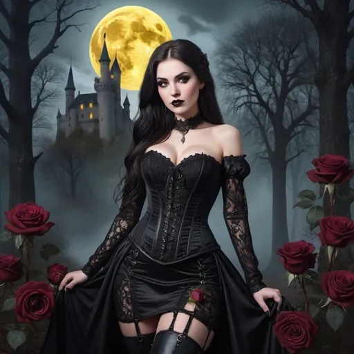 Prompt: A captivating gothic portrait of a captivating caucasian beauty wearing elegant black gown with intricate laces and a revealing corset adorned with bordeaux roses, and thigh-high leather boots. The straight long black-haired woman has an enigmatic but smiley expression, her romantic brown eyes cast front. In the background, a wolf, big yellow romantic full moon, forest landscape looms with goth castles. The overall atmosphere is a mix of dark fantasy, with a high level of detail and a touch of surrealism., painting, dark fantasy, 3d render
