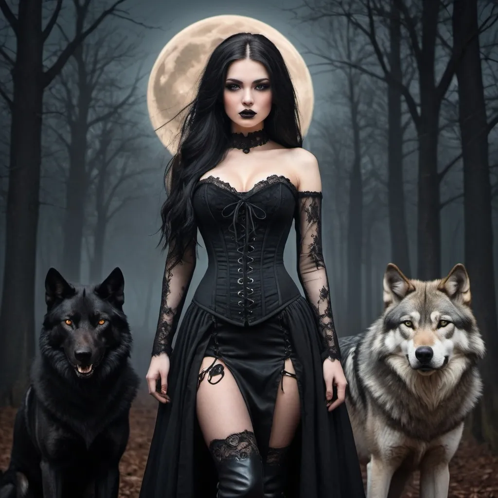 Prompt: A captivating gothic portrait of a captivating caucasian beauty wearing elegant black gown with intricate laces and a revealing corset, and thigh-high leather boots. The straight long black-haired woman has an enigmatic expression and her romantic brown eyes cast front. In the background, a wolf, big romantic full moon, forest landscape looms with goth castles. The overall atmosphere is a mix of dark fantasy, with a high level of detail and a touch of surrealism., painting, dark fantasy, 3d render