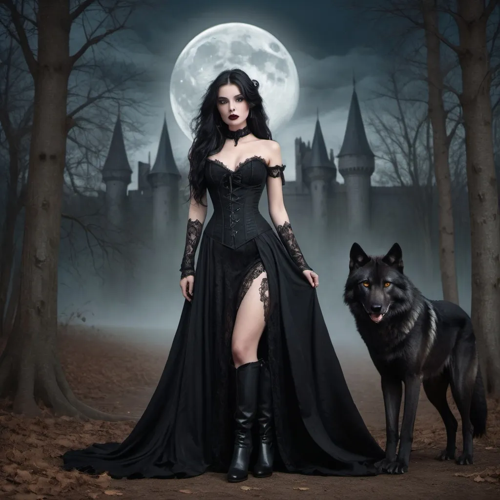 Prompt: A captivating gothic portrait of a captivating caucasian beauty wearing elegant black gown with intricate laces and a revealing corset, and thigh-high leather boots. The straight long black-haired woman has an enigmatic expression and her romantic brown eyes cast front. In the background, a wolf, big romantic full moon, forest landscape looms with goth castles. The overall atmosphere is a mix of dark fantasy, with a high level of detail and a touch of surrealism., painting, dark fantasy, 3d render