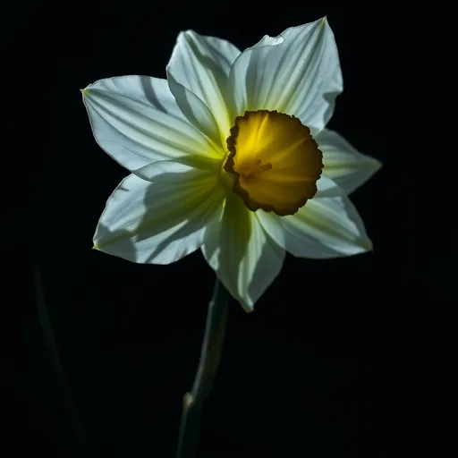 Prompt: (fantasy style) A vibrant daffodil flower, set against a dark, mysterious backdrop, evocative of enchanted realms. The flower's petals glisten with rich, deep white , contrasting with the shadows enveloping it, showing the stem down to the root. Ethereal lighting accentuates delicate details, creating an alluring, almost surreal atmosphere., inviting curiosity and wonder. Highly detailed, 4K resolution for a breathtaking visual impact, perfect for illustrating fantasy beauty.