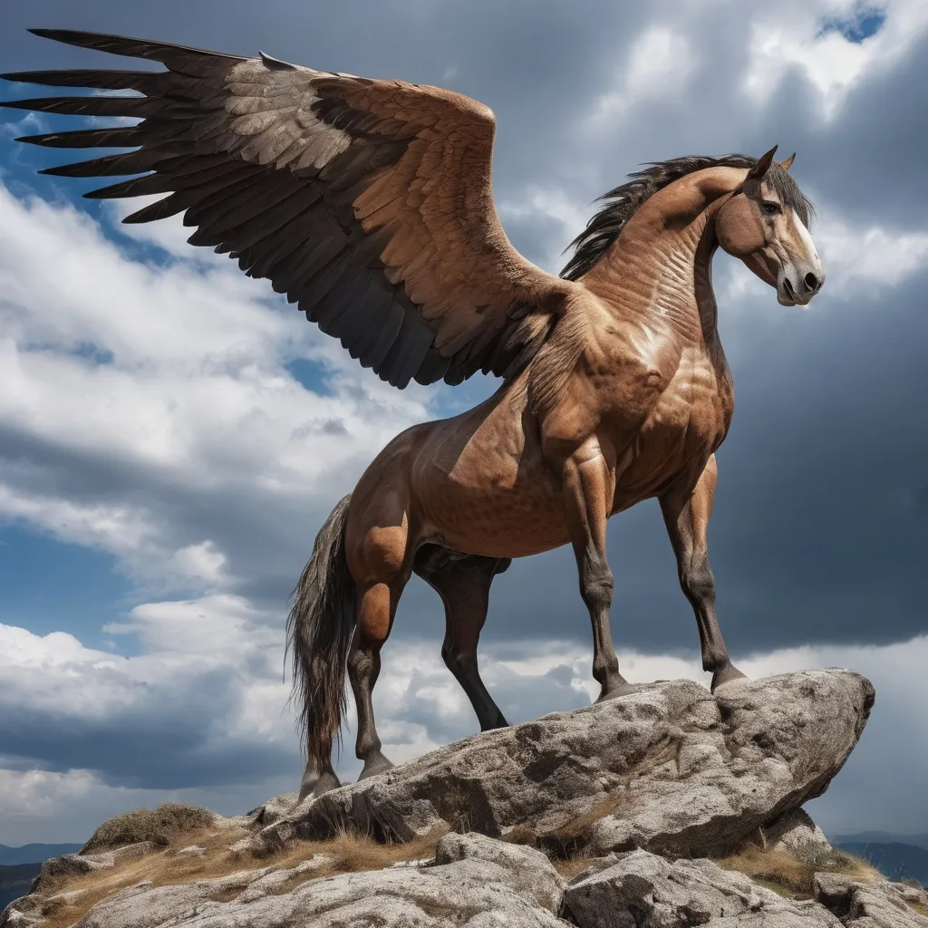 Prompt: a huge mesmerizing horse with the head  of big eagle which  standing  in the top part of a rock  with  cloudy sky