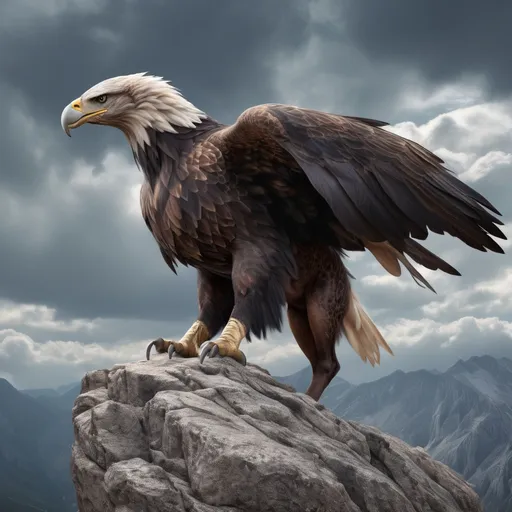 Prompt: an massive animal  which  is a mix of hairy huge and  titanic horse in body  and its head is a massive  eagle in  summit of a rocky mountain,  with cloudy sky