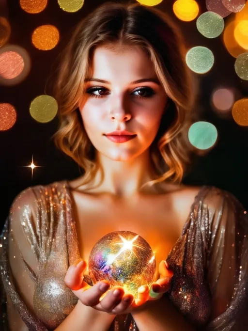 Prompt: (realism style), (vibrant color scheme), a woman holding a sparkle ball, captivating pose and expression, soft illuminating lights in the background, blurred bokeh effect, enchanting atmosphere, art photography, warm mesmerizing hues, ultra-detailed, high definition, photorealistic painting, focus on the sparkle ball's reflections and colors.