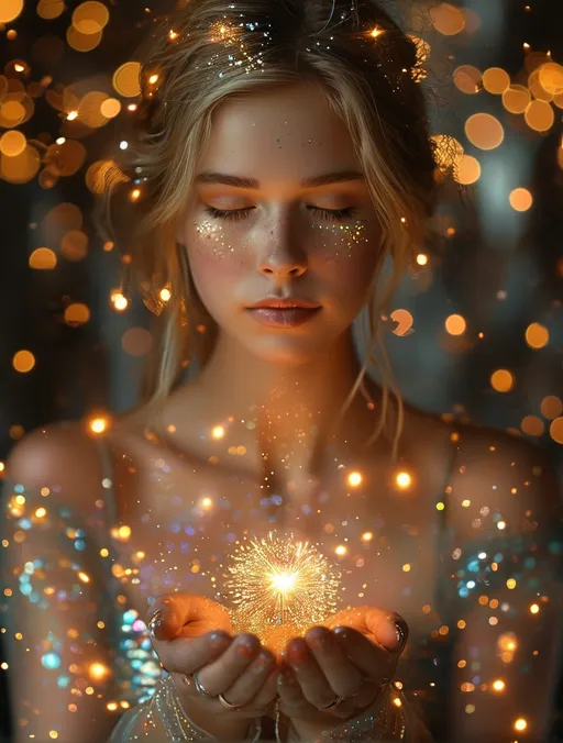 Prompt: a woman holding a sparkle ball in her hands with a blurry background behind her and a boke of lights, Eszter Mattioni, art photography, enchanting, a photorealistic painting