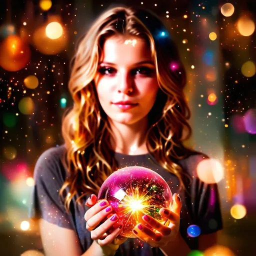 Prompt: (realism style), (vibrant color scheme), a woman holding a sparkle ball, captivating pose and expression, soft illuminating lights in the background, blurred bokeh effect, enchanting atmosphere, art photography, warm mesmerizing hues, ultra-detailed, high definition, photorealistic painting, focus on the sparkle ball's reflections and colors.