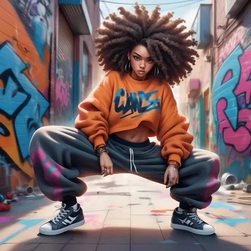 Prompt: "A fierce girl in the middle of a dynamic breakdancing move, wearing a cropped oversized sweatshirt, baggy pants, and high-top sneakers. Her hair is styled in a voluminous, curly afro, and she’s surrounded by bold, graphic lines representing the energy of her movements. The design has a graffiti-like style with bold, angular shapes and vibrant colors, capturing the essence of the early hip-hop dance scene."