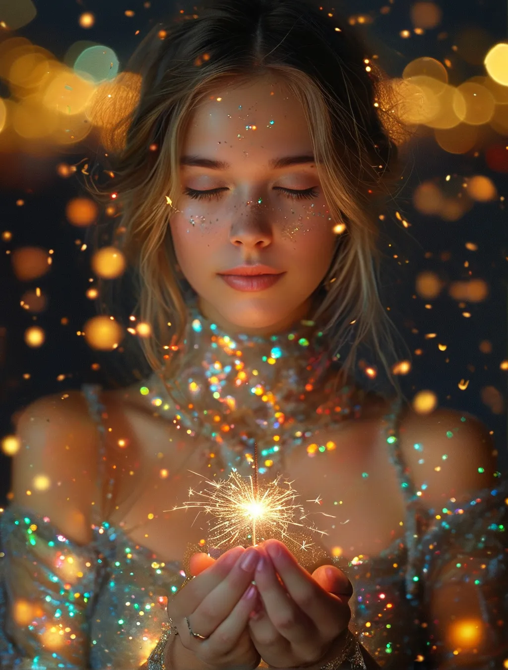 Prompt: a woman holding a sparkle ball in her hands with a blurry background behind her and a boke of lights, Eszter Mattioni, art photography, enchanting, a photorealistic painting