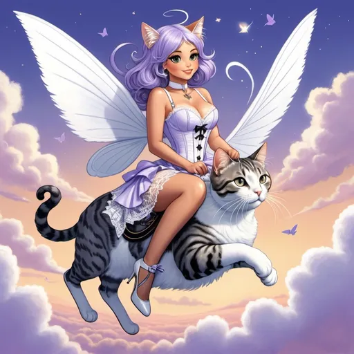 Prompt: an illustration of a gigantic oversized tabby kitty cat is flying in the sky with a mini beautiful curvy slim waisted skinny female with long lavender hair, dressed in a white lace corset with stockings and heels is sitting on the cats back as she rides the kitty as it flies with her holding tight