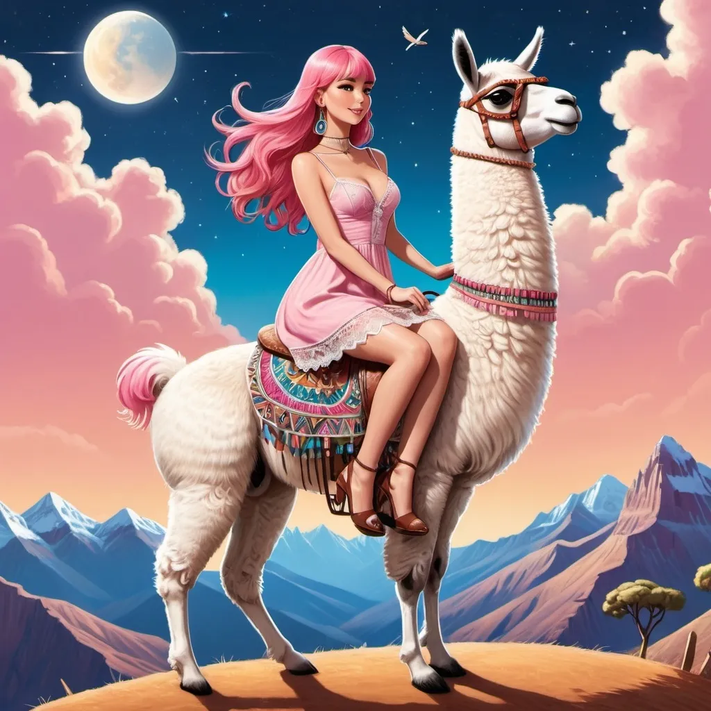 Prompt: an illustration of a gigantic llama is flying in the sky with a mini beautiful curvy slim waisted female with long pink hair, dressed in a laced chemise mini dress sitting on the llamas back as she rides the llama as it flies with her holding on tight