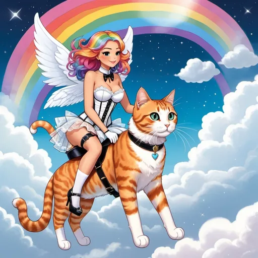 Prompt: an illustration of a gigantic oversized tabby kitty cat is flying in the sky with a mini beautiful curvy slim waisted skinny female with long rainbow hair, dressed in a white lace corset with stockings and heels is sitting on the cats back as she rides the kitty as it flies with her holding tight